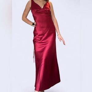 Elegant Red Satin Open Back Maxi Dress
